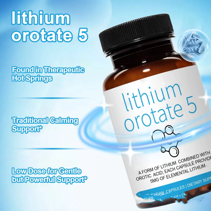 lithium 5mg capsules bottle with white capsules minimal background
