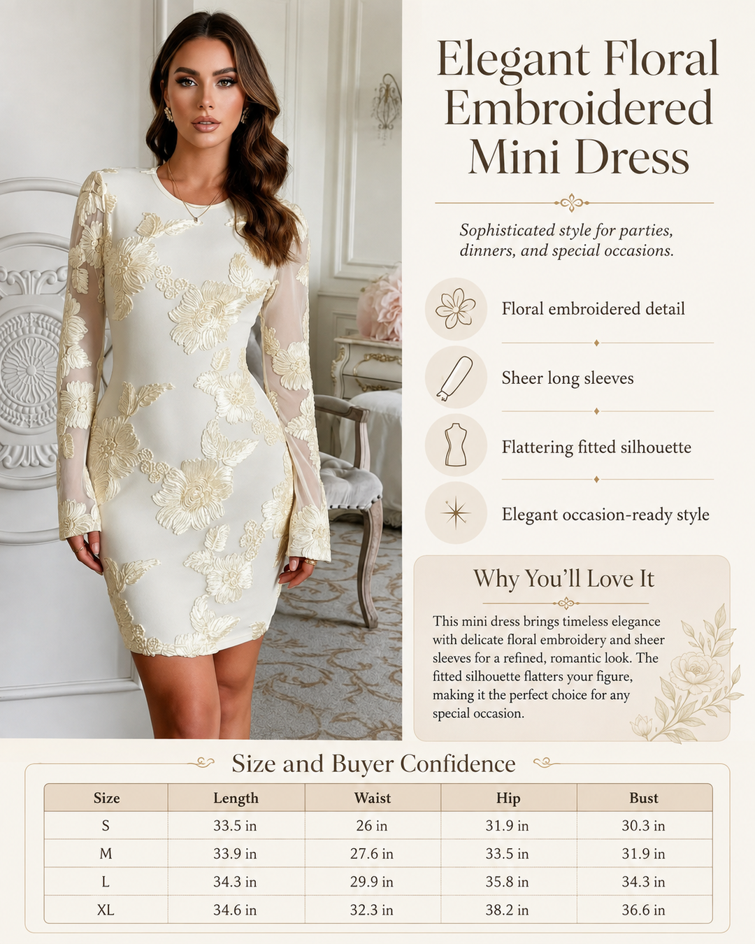 A woman modeling a cream and beige floral embroidered mini dress with sheer long sleeves, presented on an infographic-style background with product features, benefits, and a size chart.