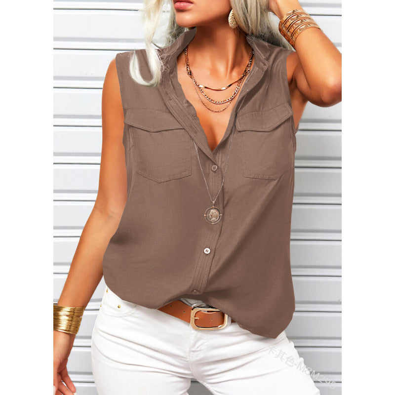 Woman wearing a brown sleeveless top with white pants against a light background