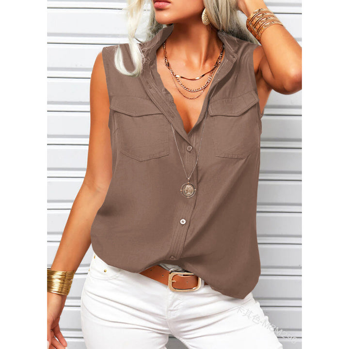 Woman wearing a brown sleeveless top with white pants against a light background