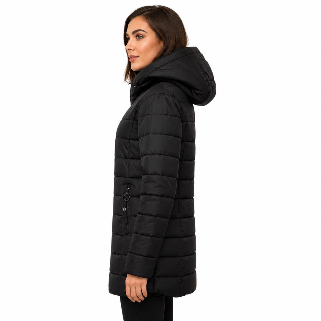 Hooded puffer jacket women style with refined quilting, modern silhouette and easy full zip front for quick styling with ease