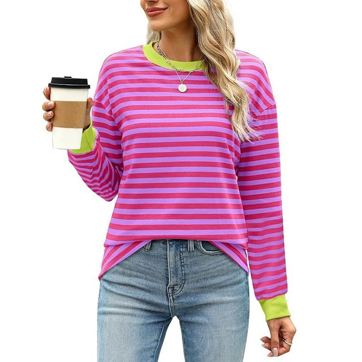 Color Contrast Striped Long Sleeve Top for Women