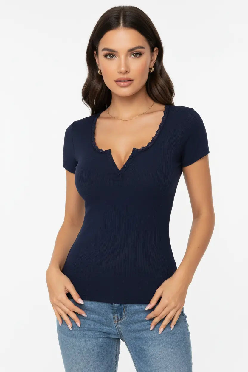 lace trim slim fit top plus size neckline close detail delicate lace finish soft texture natural lighting