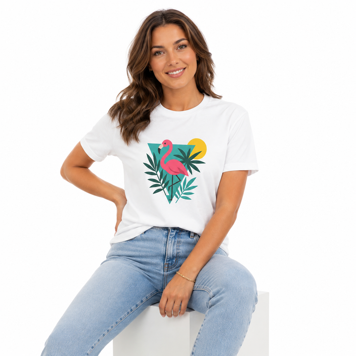 Tropical print t-shirt shown from front angle with classic crew neckline
