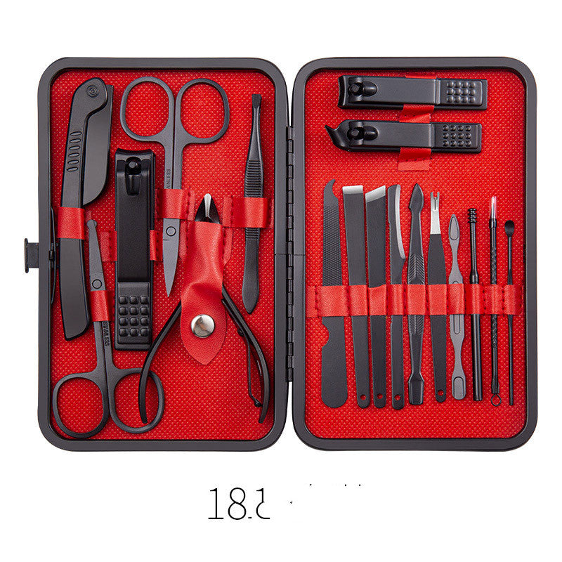 Multi-piece pedicure and manicure set displaying grooming tools included with the selected storage case configuration for use