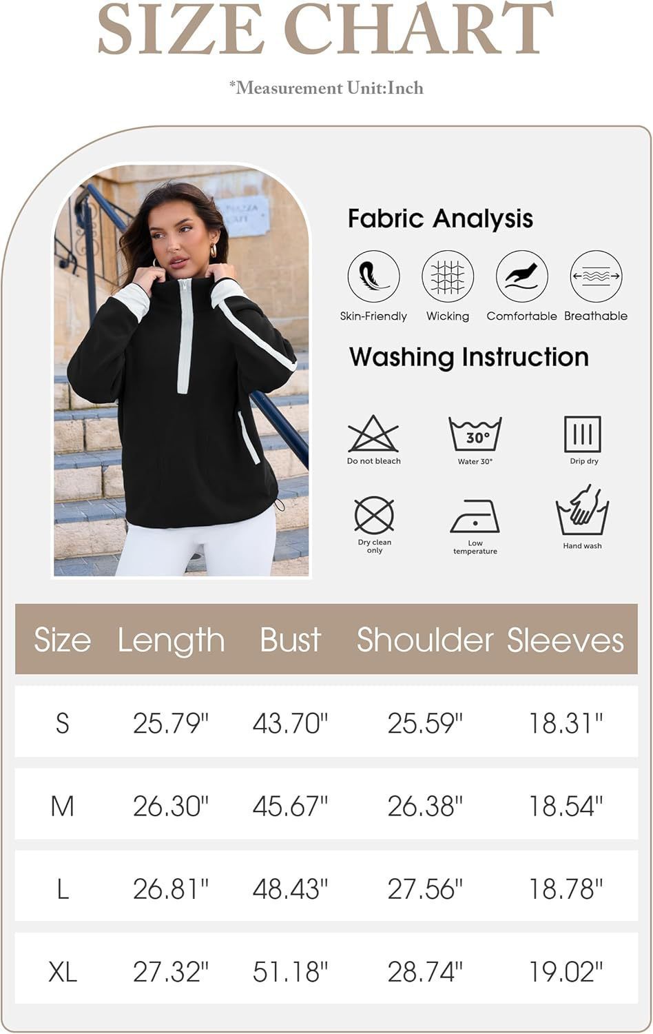 Size chart for a black and white outfit with fabric analysis and washing instructions.