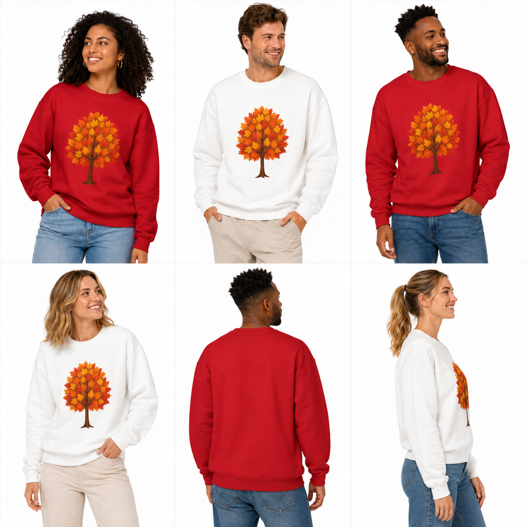 Cozy fall crewneck sweatshirt with autumn tree design fleece look and ribbed cuffs for comfortable everyday seasonal outfits.