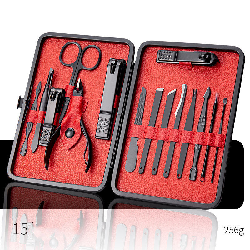 Organized grooming tool set with nail clippers and personal care accessories displayed inside the included case for selection