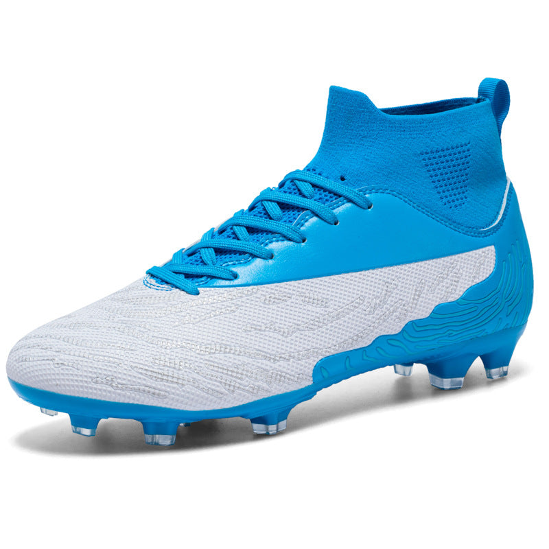 Soccer player planting spike cleat into firm ground during drill, motion blur effect
