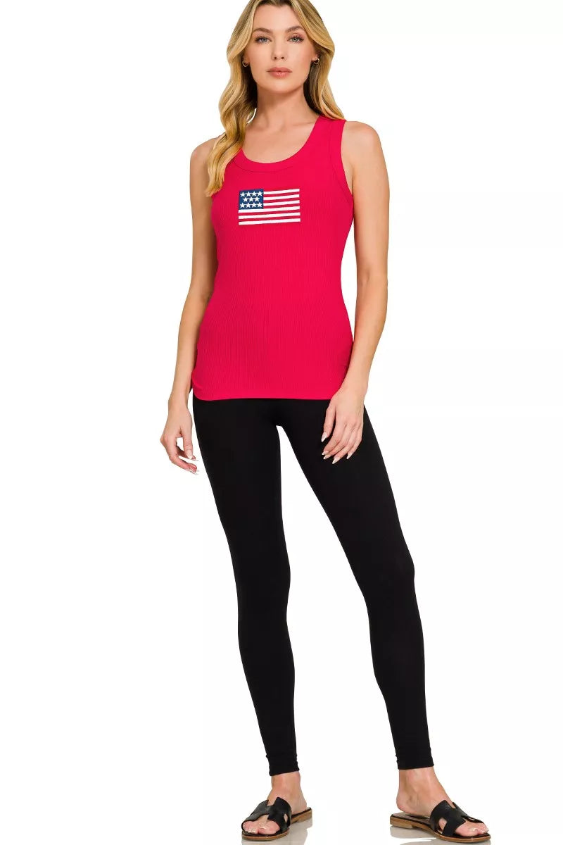 Ribbed scoop neck tank American flag design soft stretch fabric summer casual style
