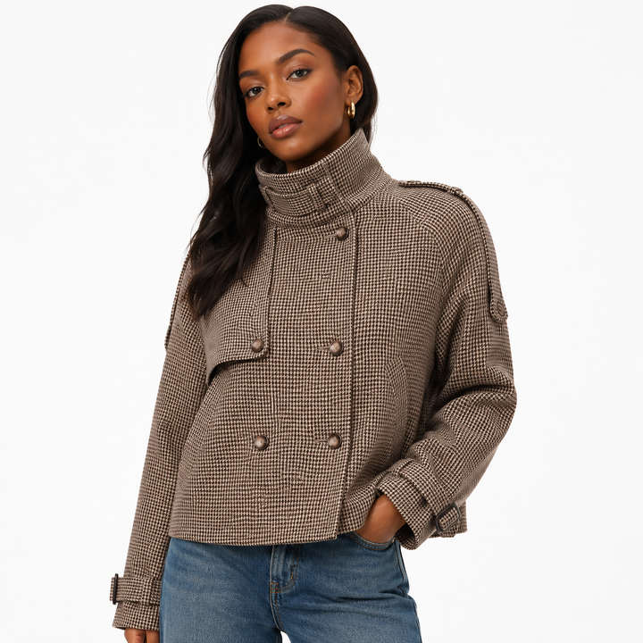 Dark brown houndstooth coat for women with relaxed fit, regular sleeves, button detail, and medium-thickness polyester fabric