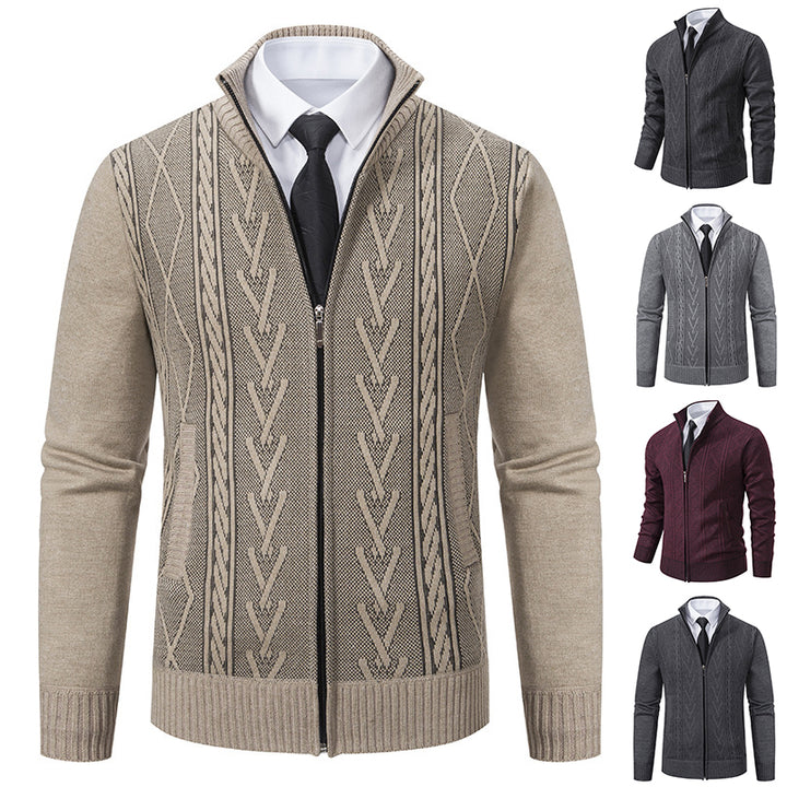 Men's stand collar cardigan back view in beige polyester knit, loose fit drape for comfort and minimal, polished styling
