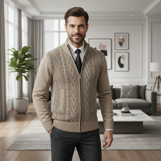 Men's stand collar cardigan close-up of jacquard knit pattern in dark gray, smooth zip track for refined everyday outfits
