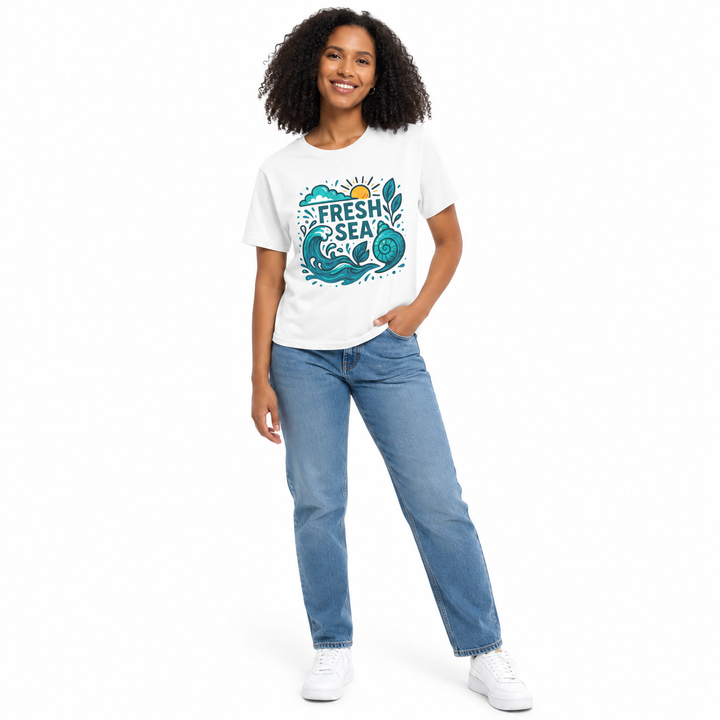 Unisex ocean t shirt for beach lovers in 100% cotton with taped shoulders, a ribbed collar, and simple styling for warm days.
