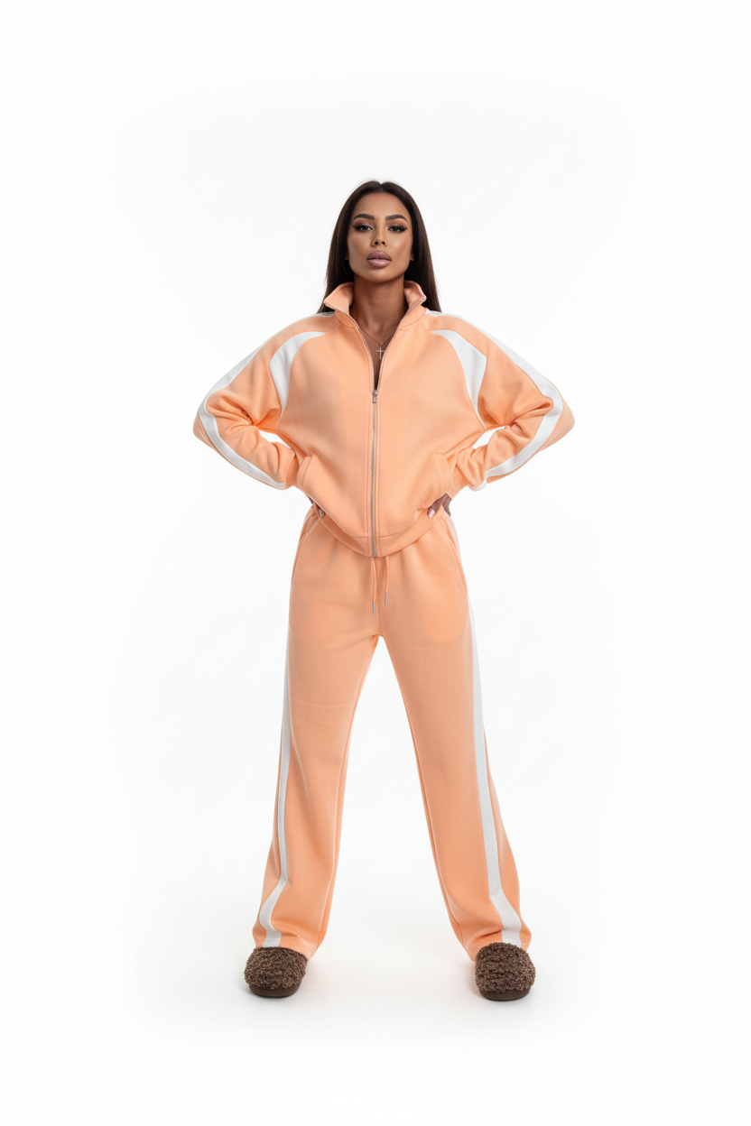 Side profile of orange polyester tracksuit set on a model, regular sleeve length, slim trouser cut
