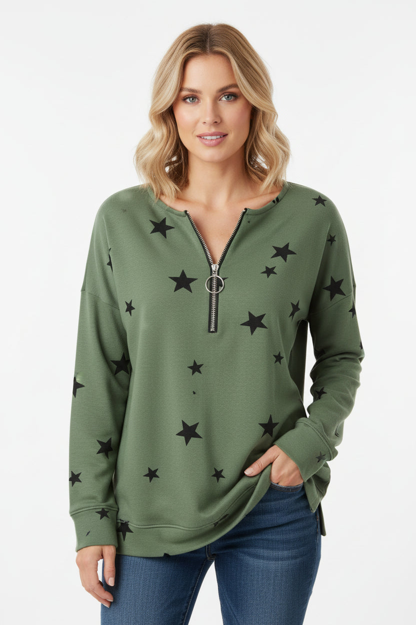 women’s star print sweatshirt light blue relaxed pullover urban casual look