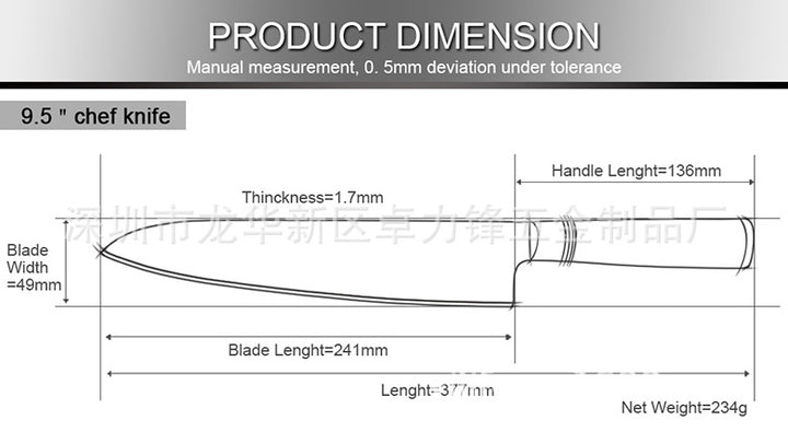 Measurement chart of a 9.5-inch chef knife with dimensions labeled.