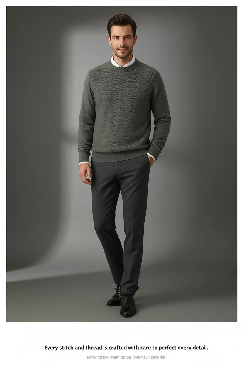 men's knitted sweater round neck collar detail soft wool fabric