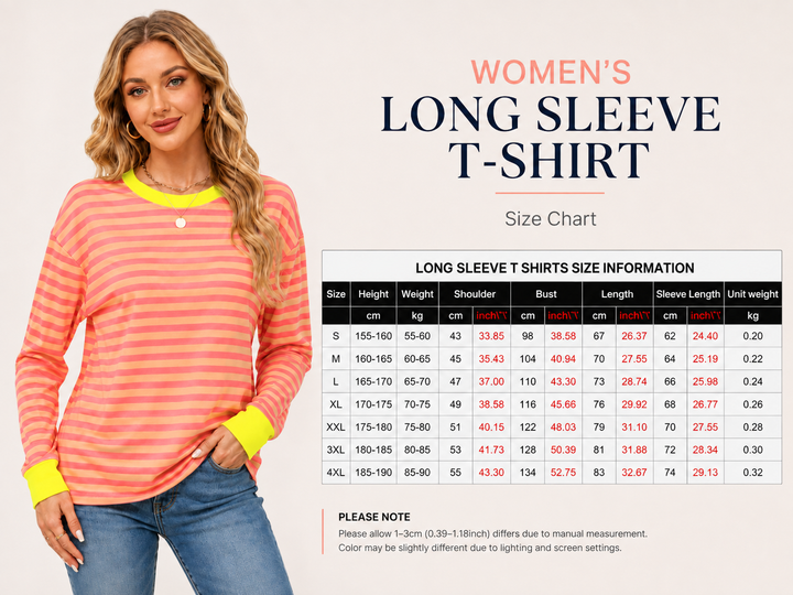 Striped long sleeve top for women with color contrast design, round neckline and everyday style, available in sizes S to XXL.