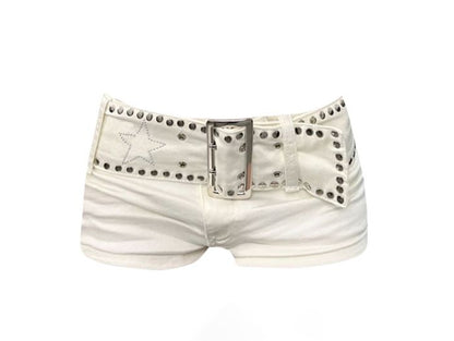 women's low waist rivet denim shorts worn by model luxury rooftop summer styling