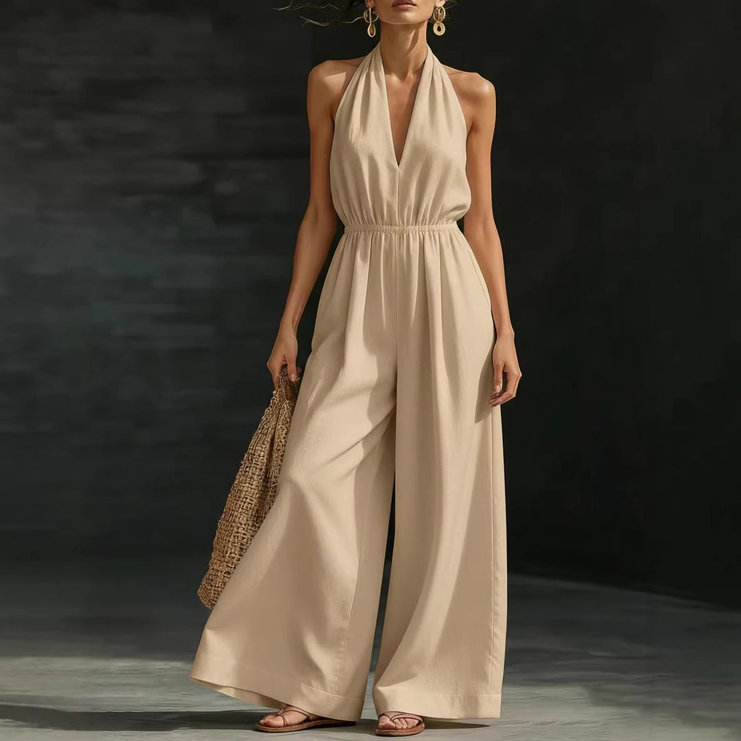 Wine red halter jumpsuit for women with airy fit and polished evening look