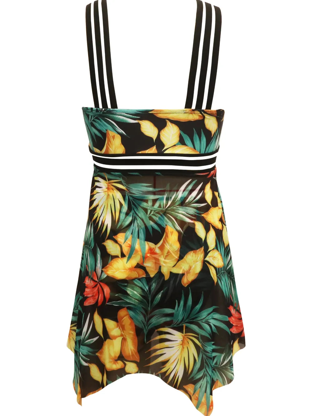 printed two-piece swimsuit crisscross bikini set on hanger showing color contrast print and clean stitching details
