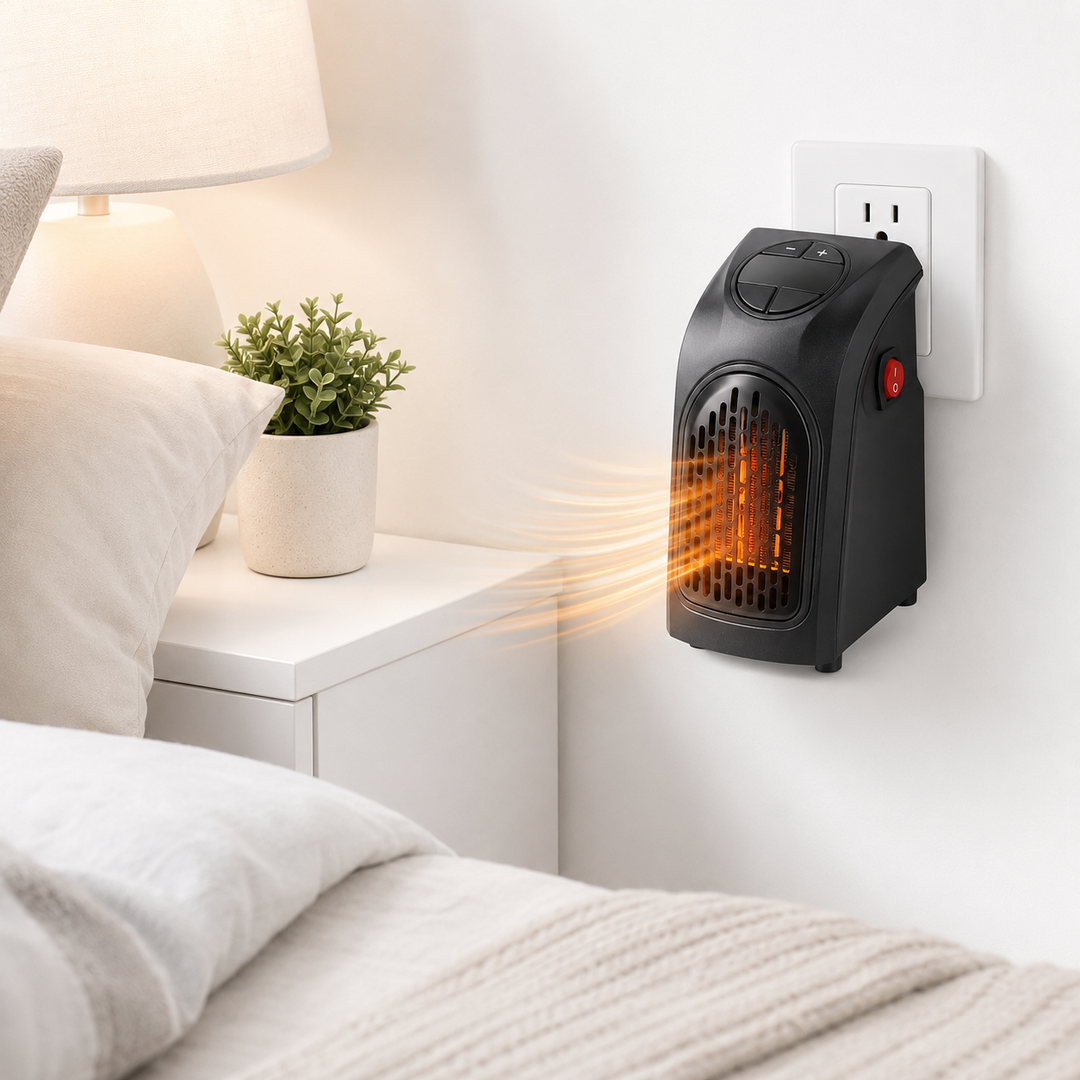 Portable electric heater highlighting compact size, adjustable heat controls, two fan speeds and direct plug-in construction.
