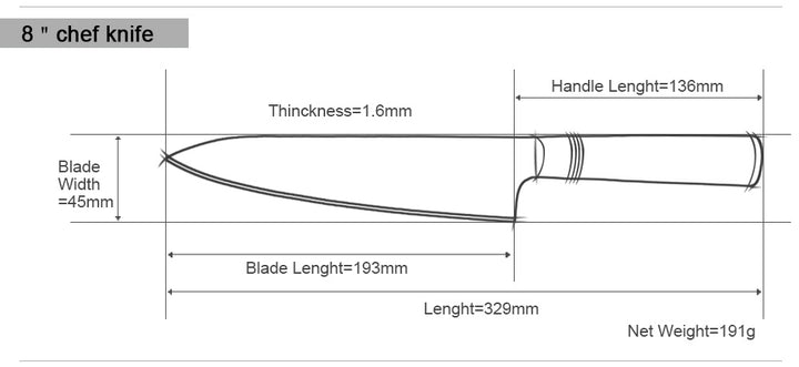 Measurement chart of an 8-inch chef knife with dimensions labeled.