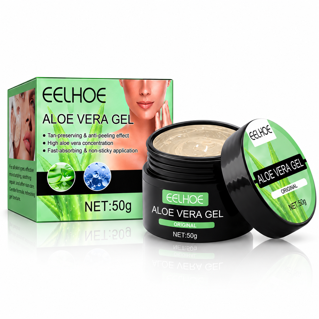 Aloe Vera Gel 50g jar with green packaging and open gel presentation