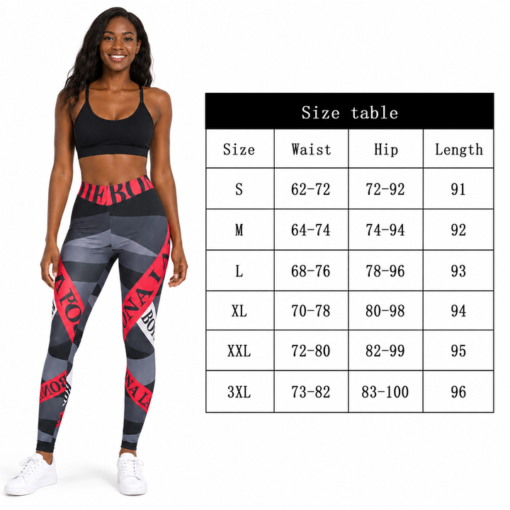 Alphabet print yoga leggings size chart S to 3XL