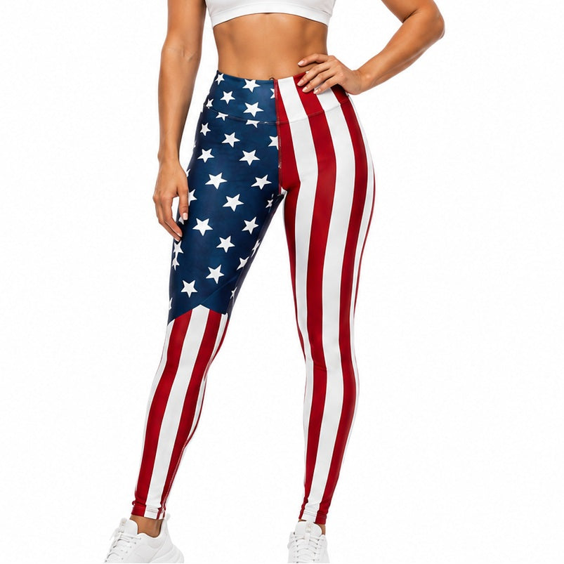 American flag leggings for women shown in a lower body product view on a clean white background.