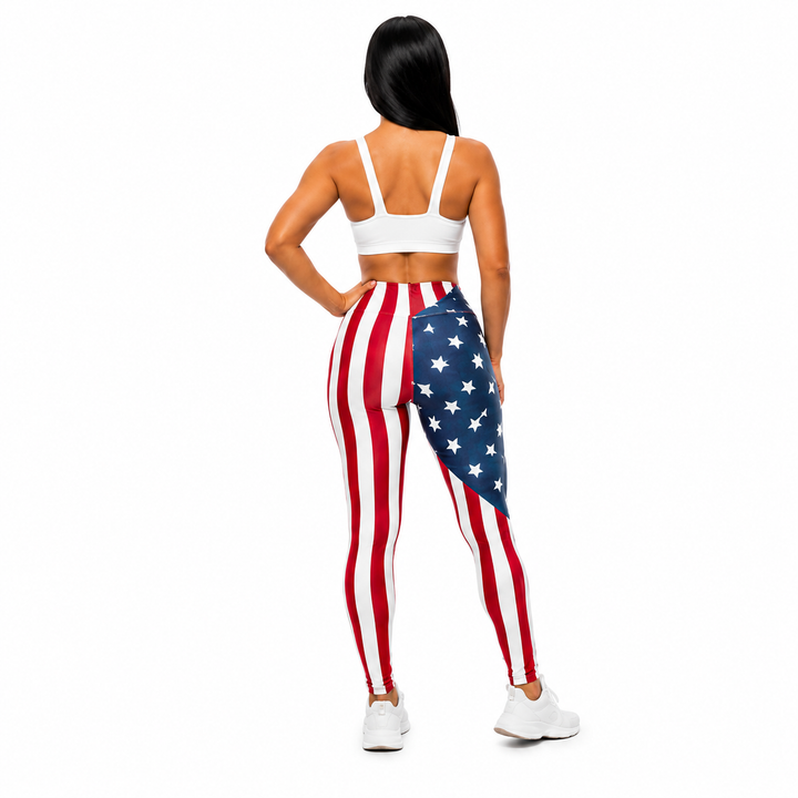 American flag leggings for women shown from the back on a clean white background.