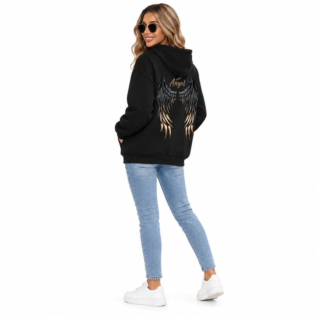 Black angel wings hoodie on model, three-quarter back view