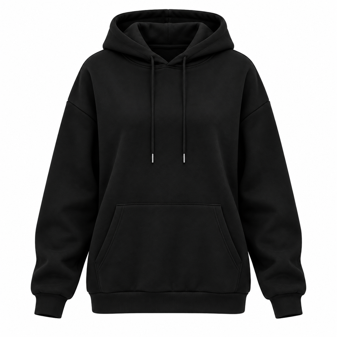 Black pullover hoodie isolated front view with hood and kangaroo pocket