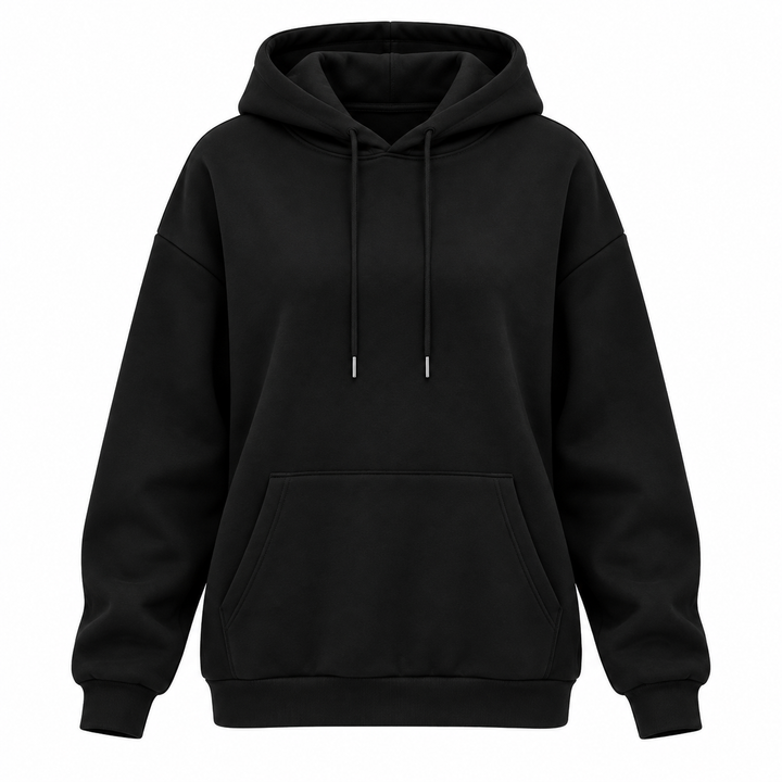 Black pullover hoodie isolated front view with hood and kangaroo pocket