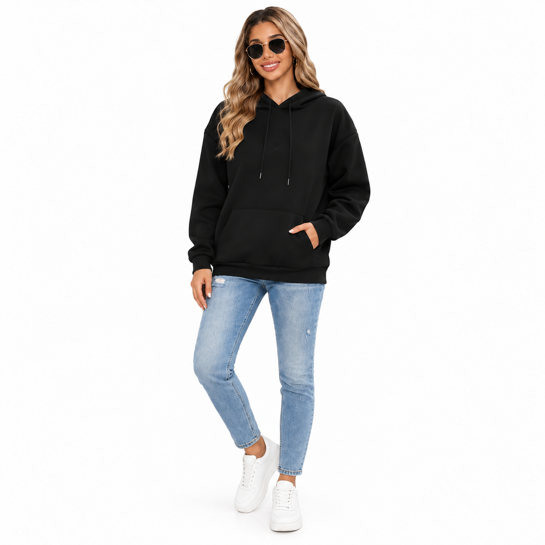 Black hoodie on model, relaxed full front view