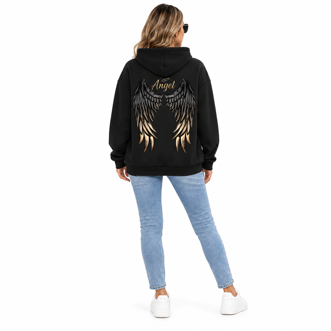 Black hoodie on model, full back view with angel wing graphic