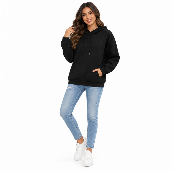 Black hoodie on second model, full front view