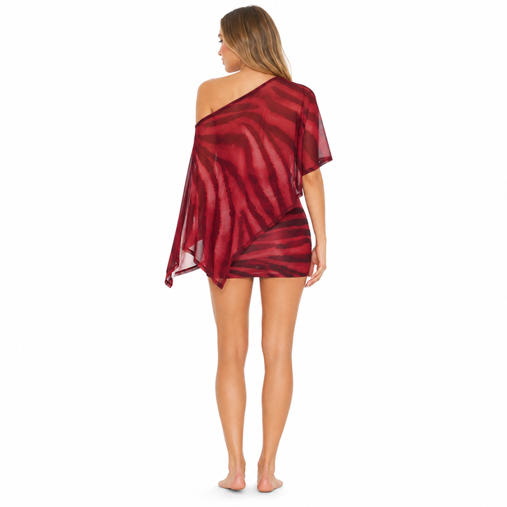 Wine red animal print two piece set shown from the back on a professional model with asymmetric off shoulder overlay.