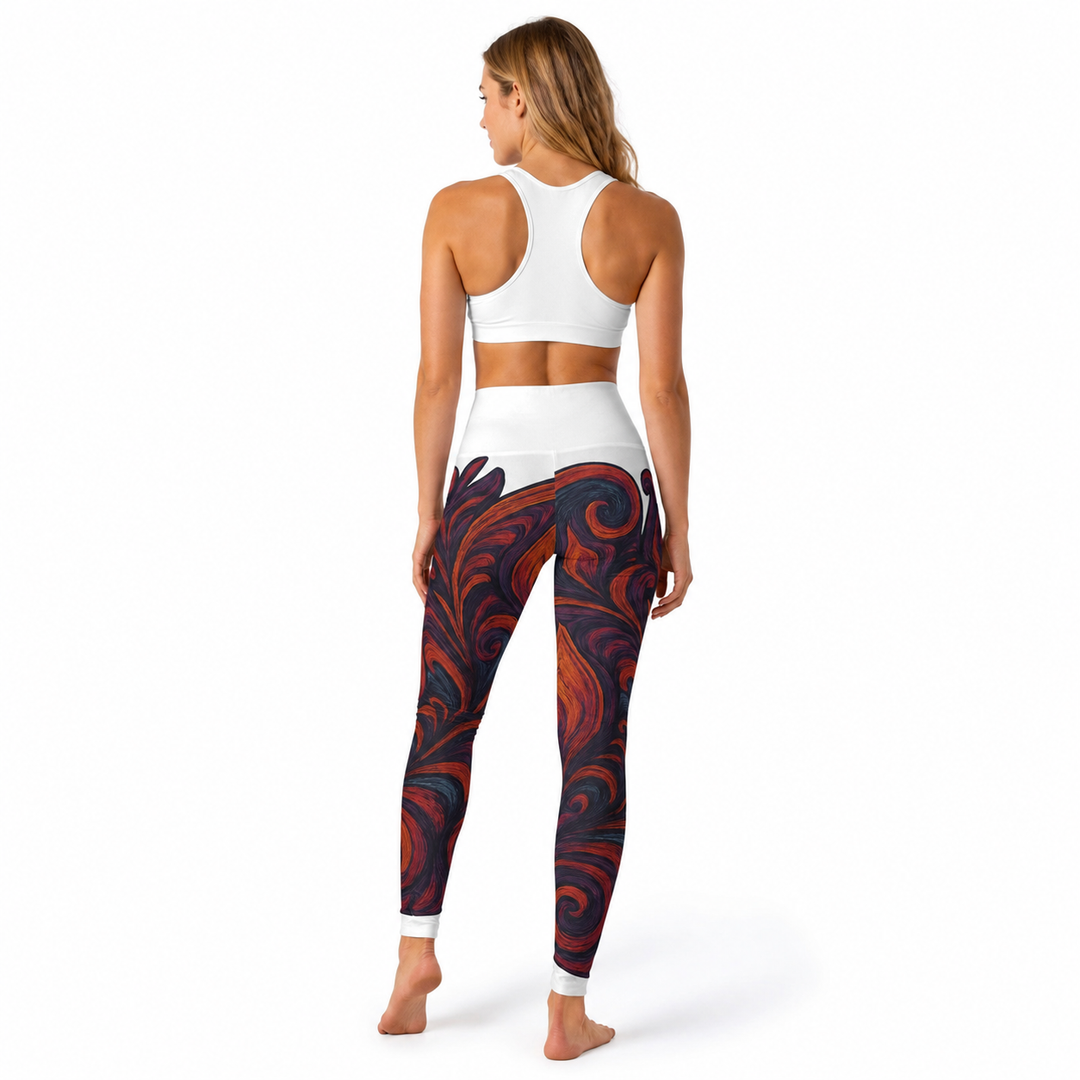 High waisted yoga leggings shown in a back product view highlighting the artistic all-over print and raised waistband detail.