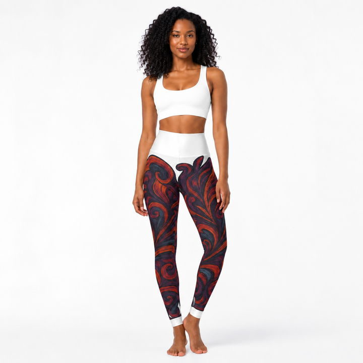 High waisted yoga leggings shown in a hero image showing the artistic all-over print and raised waistband for product detail.