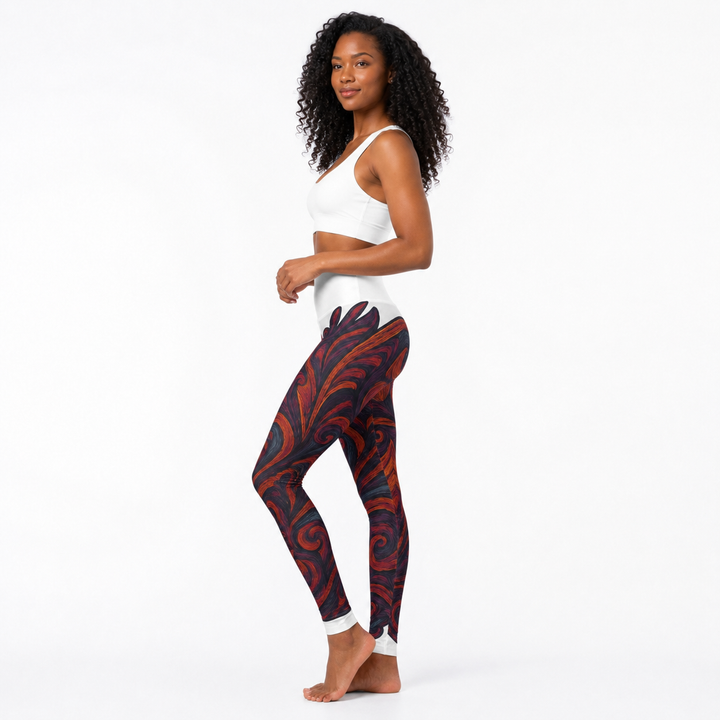 High waisted yoga leggings shown in a side product view highlighting the artistic all-over print and raised waistband detail.
