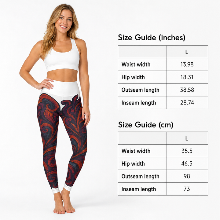 Artistic high waisted yoga leggings size guide showing available sizes XS to 2XL with measurements in inches and centimeters.