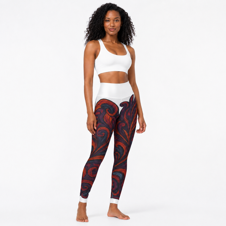 Artistic high waisted yoga leggings shown in a three-quarter view with artistic all-over print and a raised waistband design.