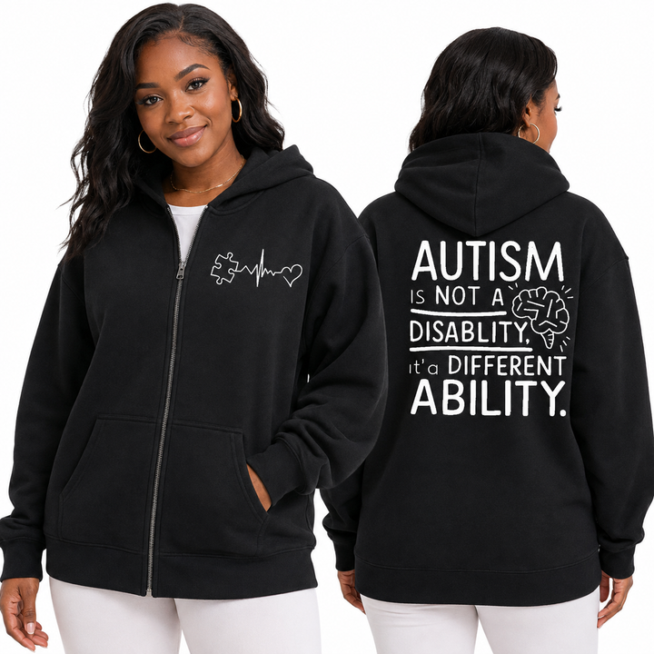 Autism awareness hoodie in Jet Black shown on an adult model with front zip, chest graphic and statement back design.