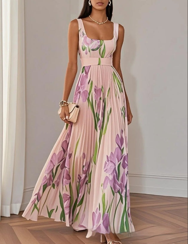 Woman wearing a floral dress with a plain background