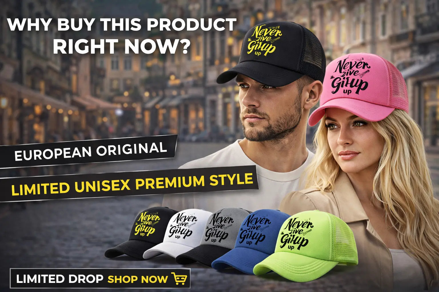 never give up cap black color adjustable back strap