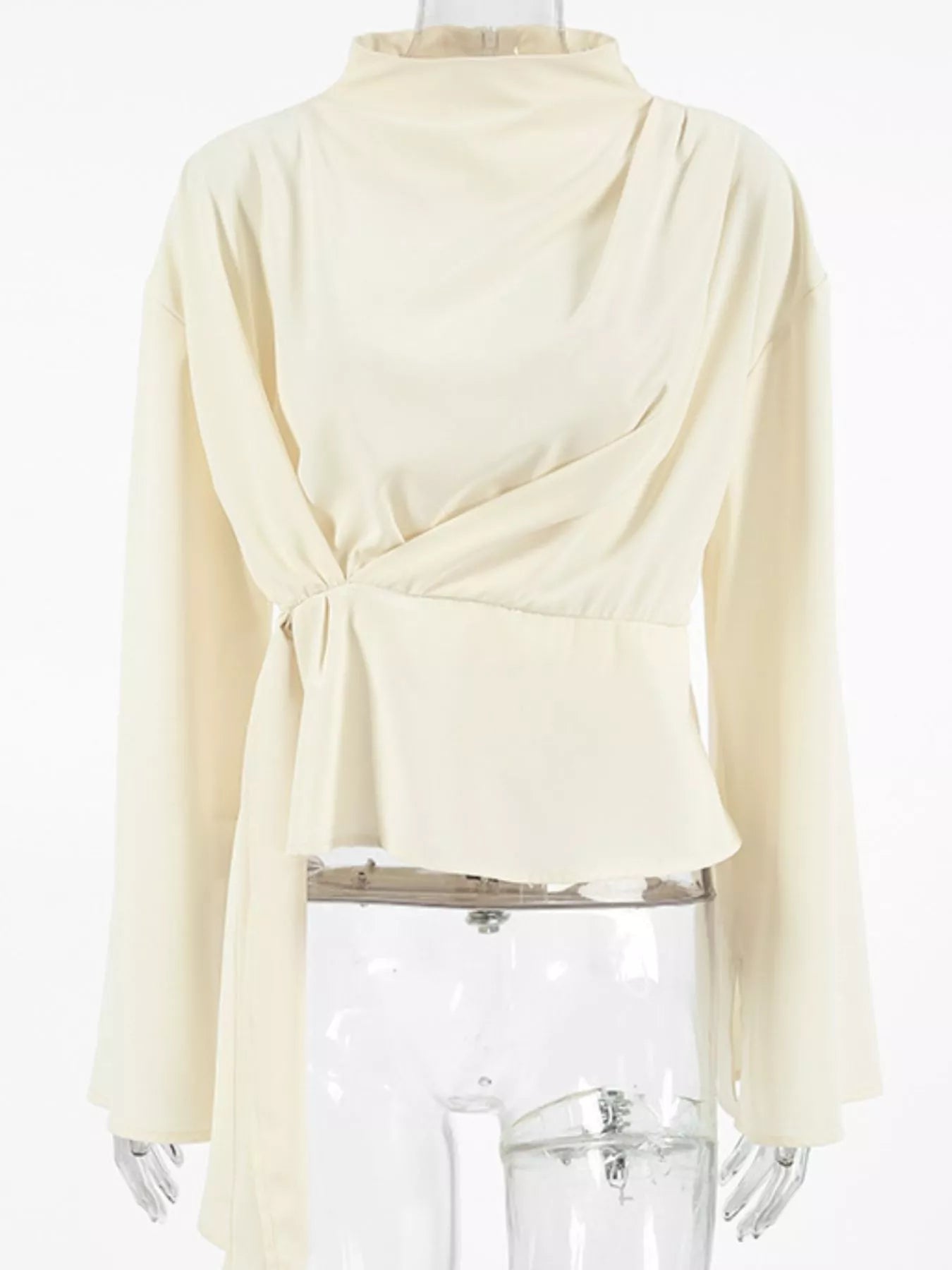 Mock neck long sleeve top ruched blouse detail shot of fabric texture and seam lines for elevated minimal styling
