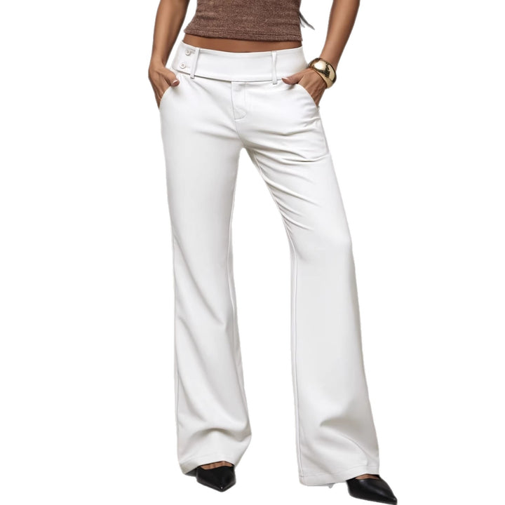 women's draping slimming pants in off-white back view highlighting loose fit movement and height-enhancing high waist for modern professional lifestyle in bright studio