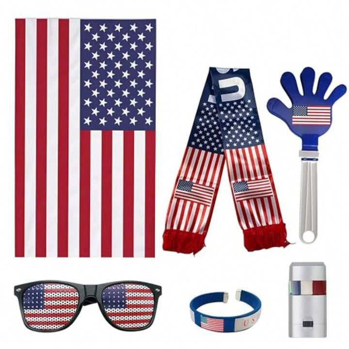 Soccer fans gear 6pc USA cheer set with scarf, flag, sunglasses, wristband, hand clapper and face paint